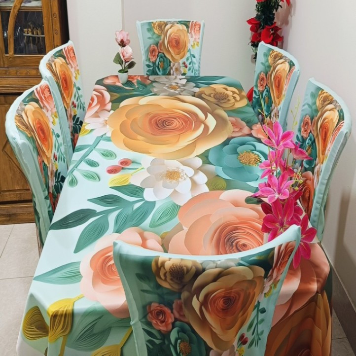 3D Print Dining table Cloth and 06 pieces chair cover Full Set-02